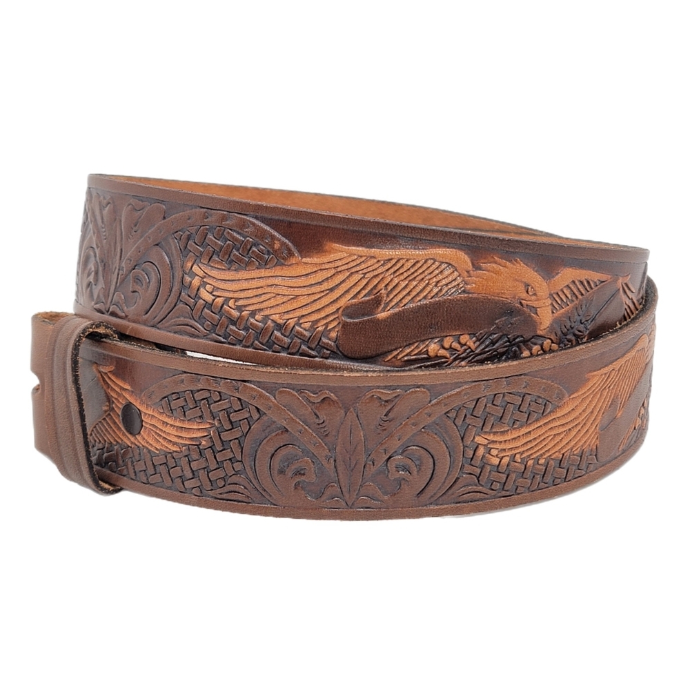 Chambers Eagle Tooled Leather Belt Size 36 Saddle Brown